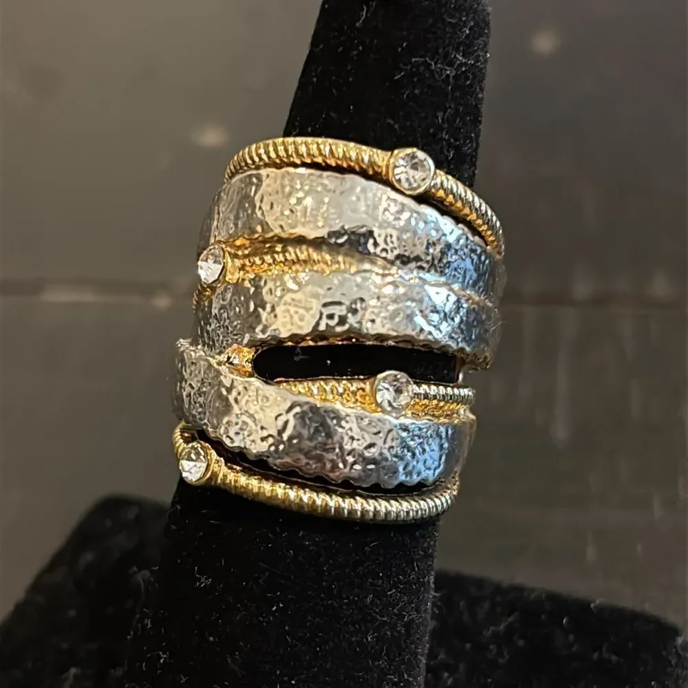 Honey Halo Two Tone Silver and Gold Textured Ring with Crystals 6 1/2​